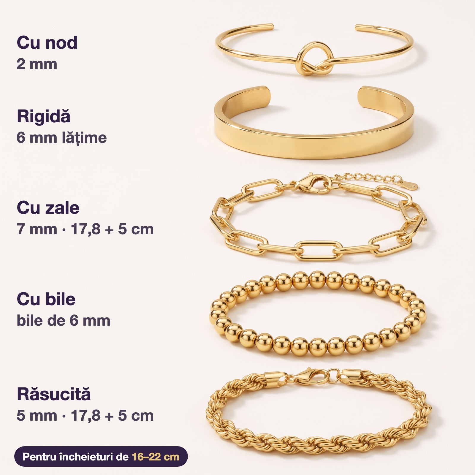 Set 5 brățări aurii, oțel inoxidabil placat cu aur 14K